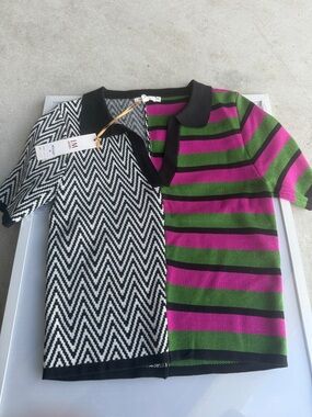 Graphic Half-&-Half Knit Top in Black, White, Green & Pink
